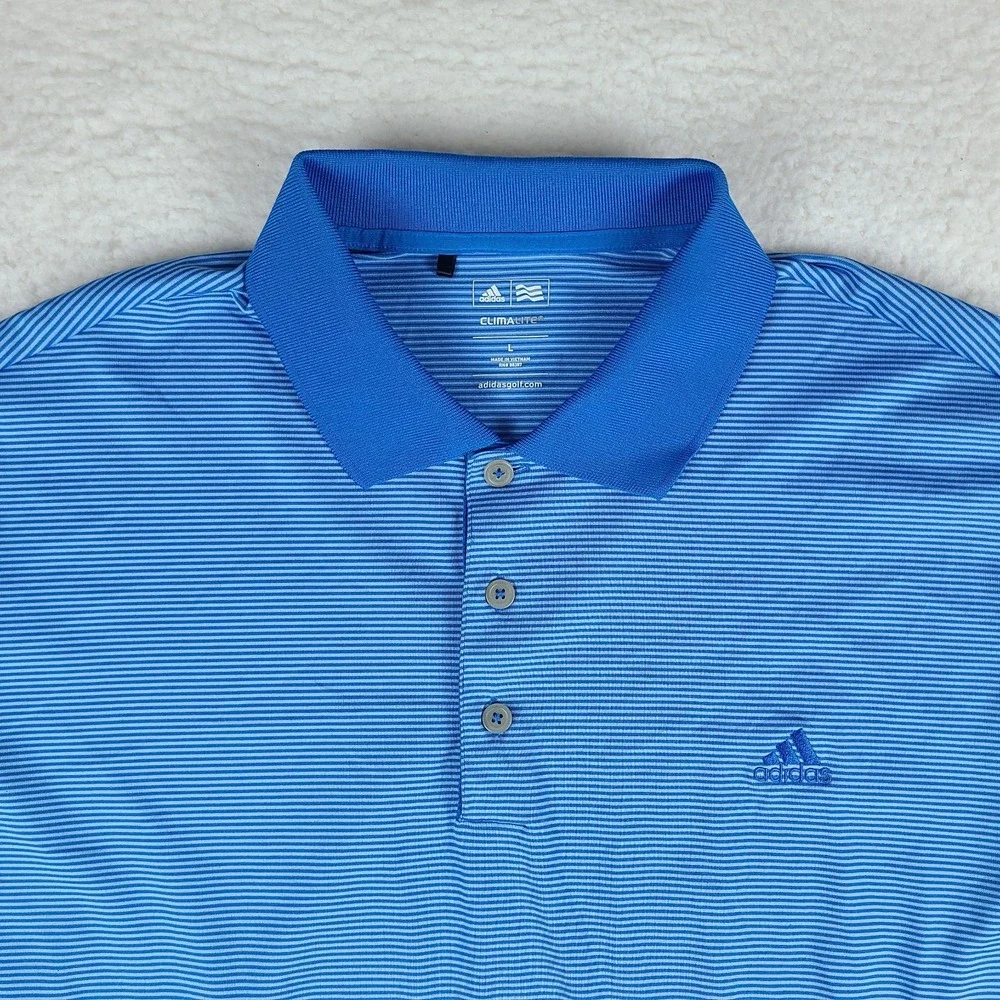 Adidas Polo Shirt Mens large Blue Striped Clima Lite Performance Short Sleeve‎
